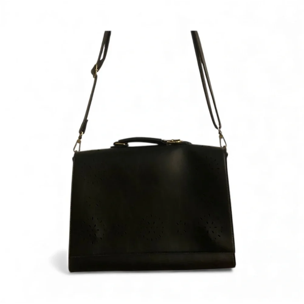 Ecosusi Black Lattice Leather Shoulder Bag With Bow Accent NWOT Padded Handbag